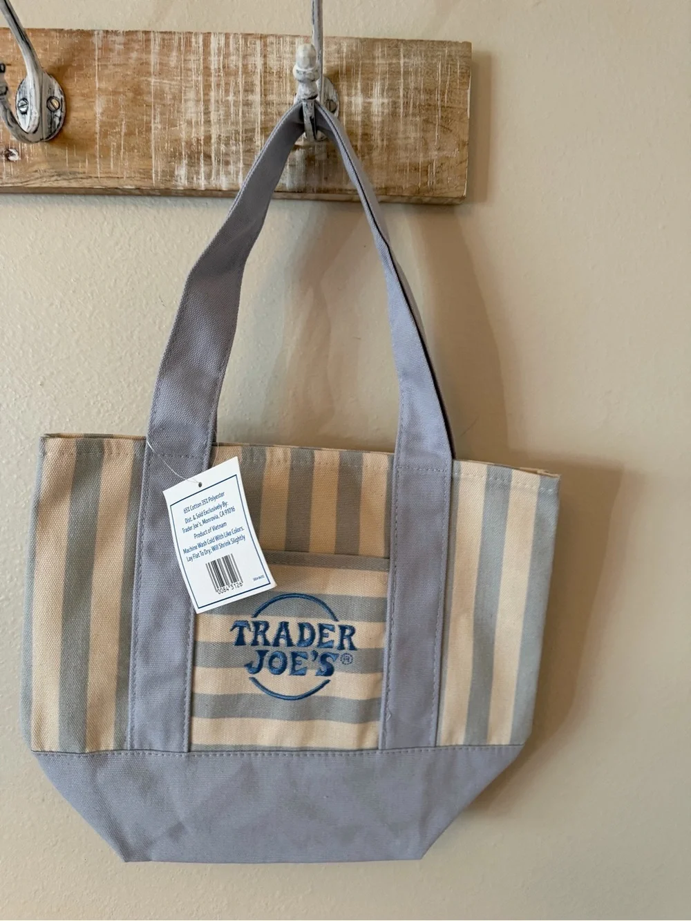 🛍️✨ NWT Mini Trader Joe's Canvas Tote Bag – Blue & Beige Stripes 🔥NEW RELEASE